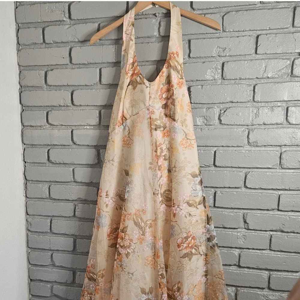 Vintage 70s ILGWU Floral Halter Maxi Dress Peach Orange Boho Prom Gown Size 10 - Picture 1 of 8